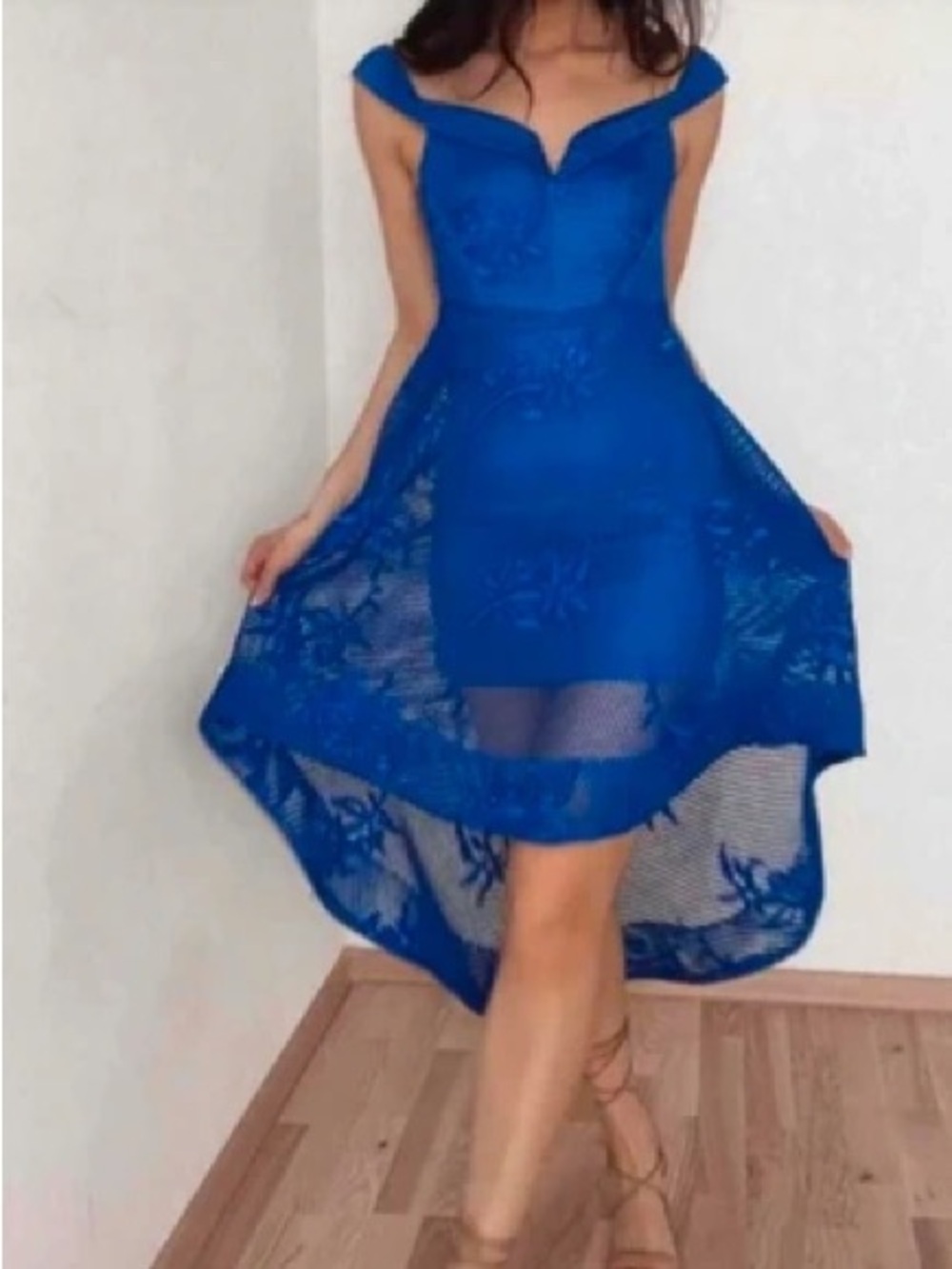 River Island Cocktail Royal Blue Off-Shoulder High-Low Lace Dress Size 10 US NWT